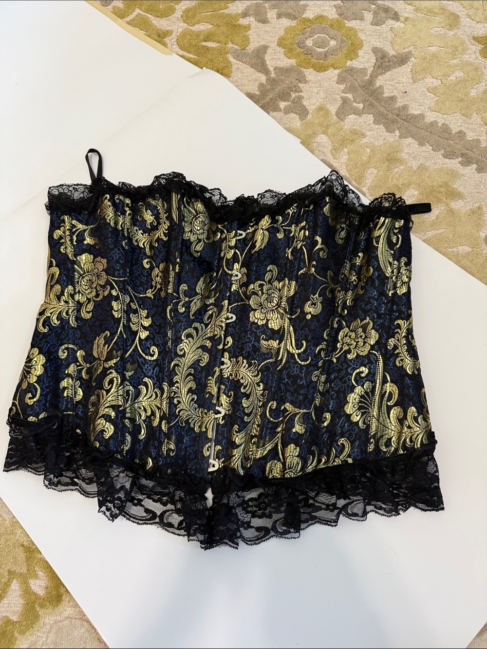 Source Unknown Black and Gold Floral Lace Bustier